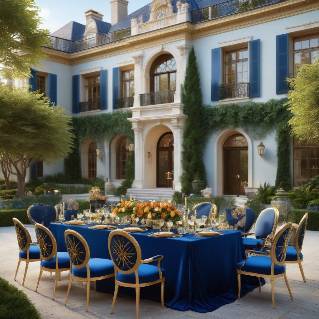 A luxurious outdoor gathering showcasing an elite community, featuring elegantly dressed individuals enjoying gourmet food and fine beverages. The backdrop includes a stunning mansion with lush greenery, and stylish decor that highlights an opulent lifestyle. Accents of gold and deep blue create an atmosphere of exclusivity and sophistication. super-realistic. vibrant colors. 3D.