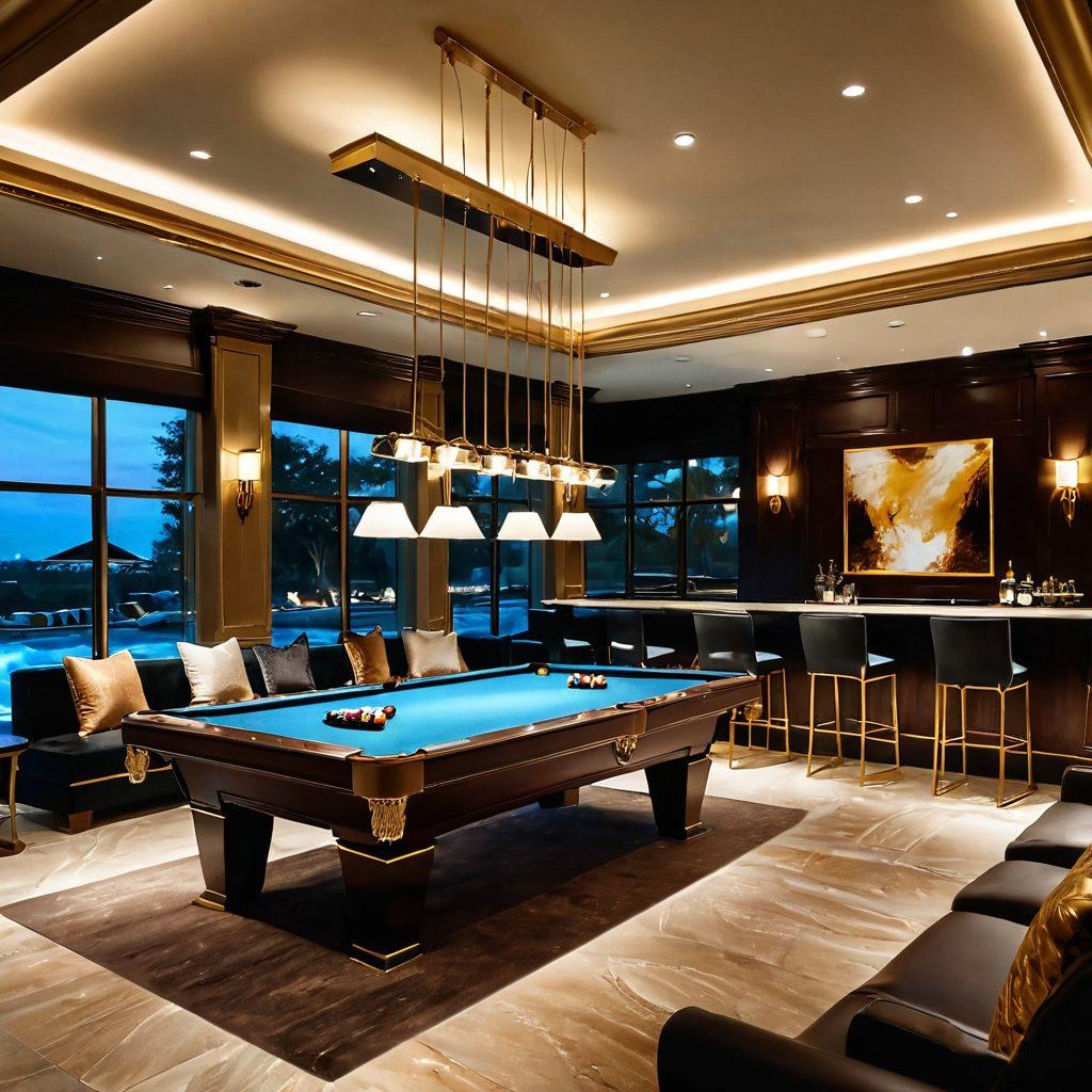 A luxurious clubhouse interior with elegant decor, showcasing exclusive amenities like a bar, lounge areas, and a stylish pool table. Include diverse members enjoying their time, discussing and networking. Soft golden lighting creates a warm and inviting atmosphere, emphasizing the elite vibe. Consider elements like gold accents and plush seating to enhance the opulence. super-realistic. vibrant colors. ambient lighting.