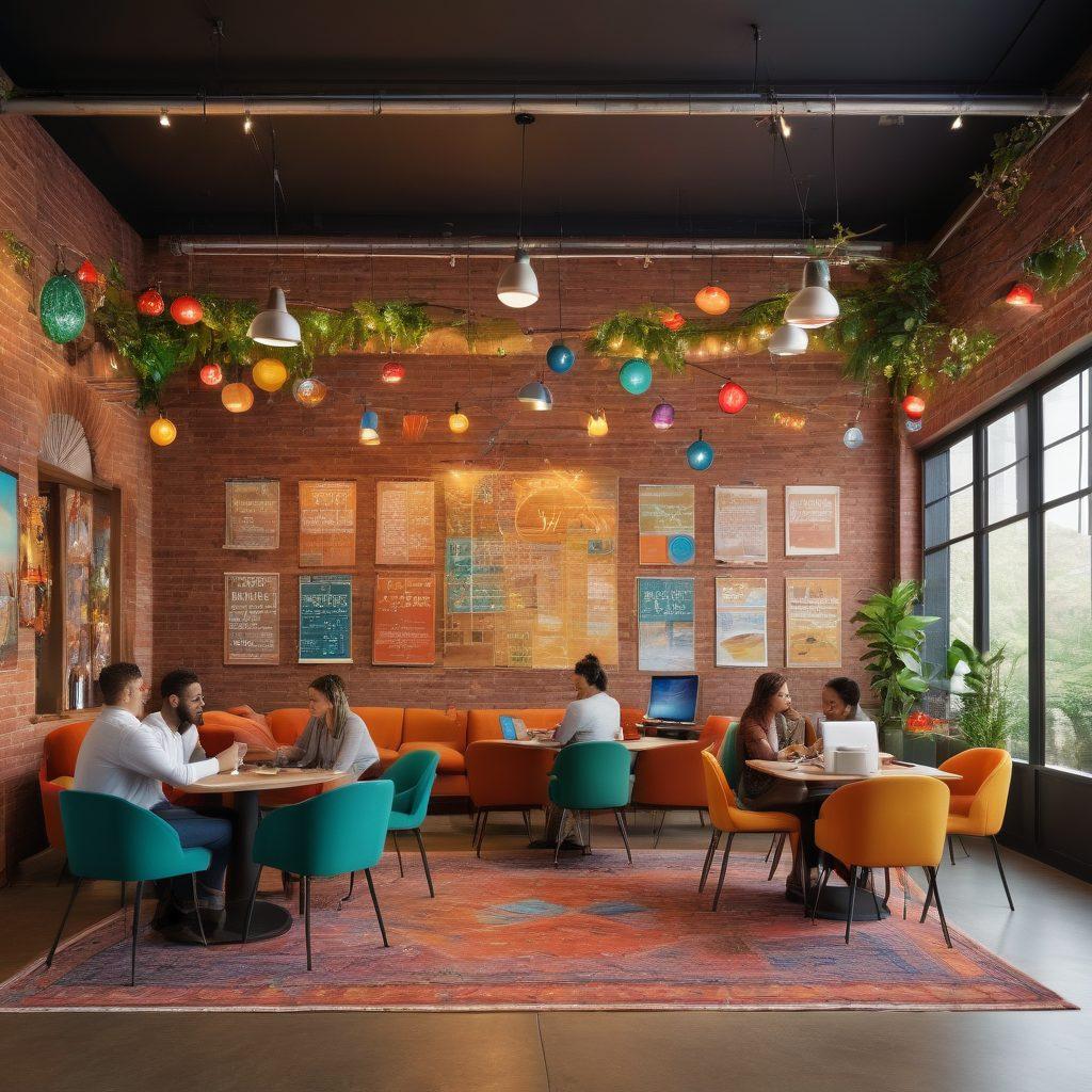 A dynamic social hub filled with diverse individuals engaging in conversation, exchanging ideas, and networking enthusiastically. Include elements like coffee cups, laptops, and vibrant banners promoting collaboration. The setting should have a lively atmosphere with colorful decorations and a large central table where interactions are taking place. Capture the essence of connection and growth in a warm, inviting environment. vibrant colors. super-realistic.